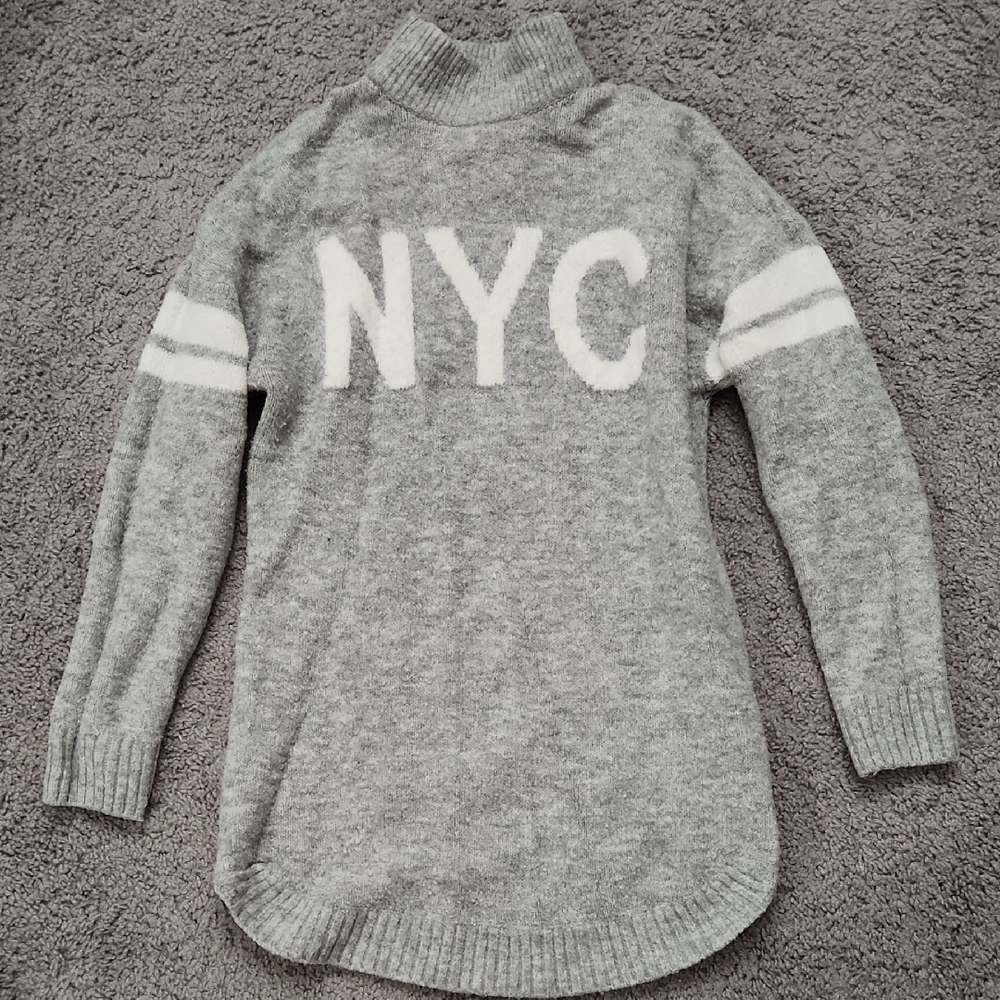 NYC Varsity Stripe Grey Mock Neck Sweater Tunic Oversized | Size M
